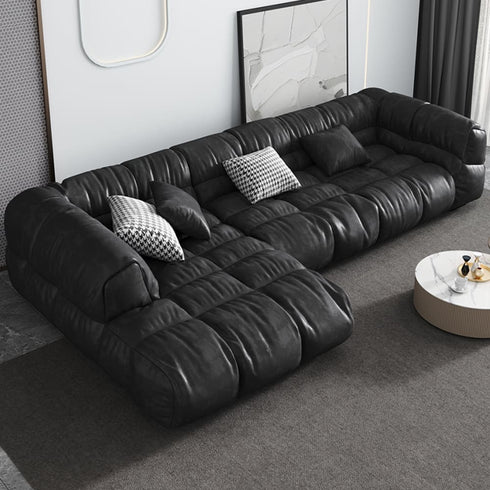 Hardy Black Calf Leather Sectional Sofa L-Shape Couch