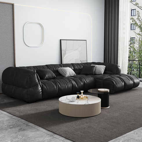 Hardy Black Calf Leather Sectional Sofa L-Shape Couch