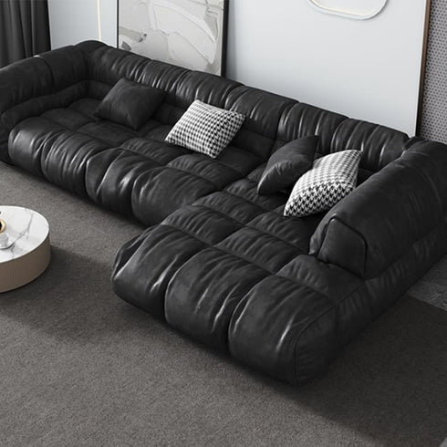 Hardy Black Calf Leather Sectional Sofa L-Shape Couch