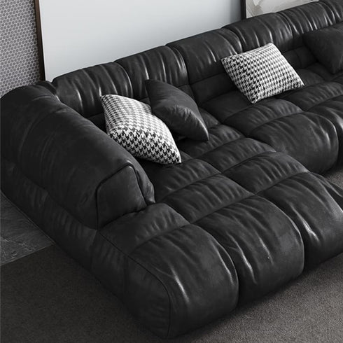 Hardy Black Calf Leather Sectional Sofa L-Shape Couch