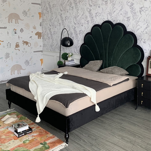 Jeriel Velvet Flower Shaped Vintage High Headboard Bed Frame