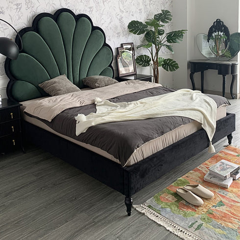 Jeriel Velvet Flower Shaped Vintage High Headboard Bed Frame