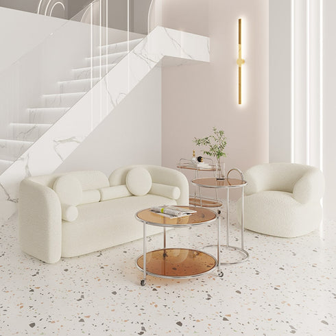 Joyce White Boucle Round Shaped 3 Seater Sofa Upholstery Arm Couch