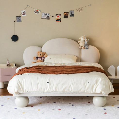 Marlee Shaped Headboard White Cotton Linen Blend Fabric Bed Frame Queen Size