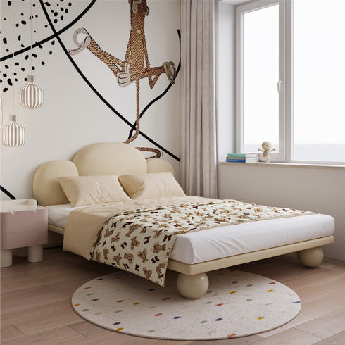 Marlee Shaped Headboard White Cotton Linen Blend Fabric Bed Frame Queen Size