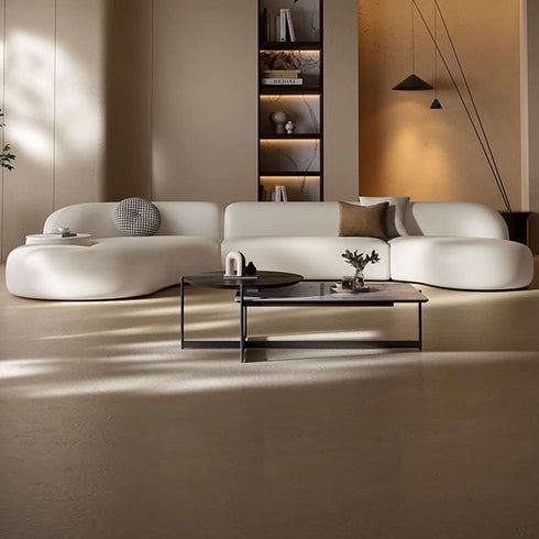 Melinda Beige Suede Fabric Sectional Sofa Curved Couch