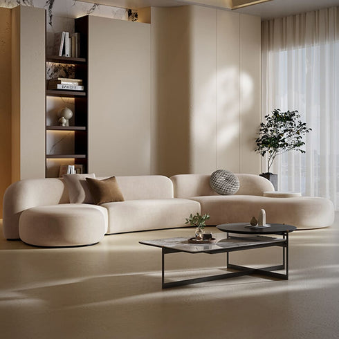 Melinda Beige Suede Fabric Sectional Sofa Curved Couch