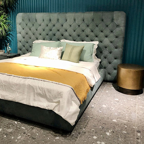 Nathen Velvet Fabric Buckle Shaped Backrest Luxury Wide Headboard Bed Frame