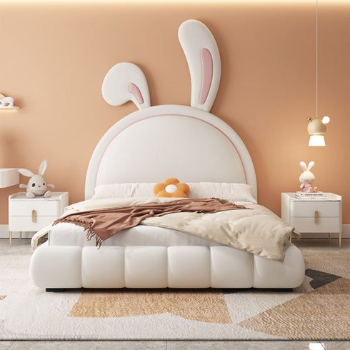 Nettie White Microfiber Leather Rabbit Shaped Bed Frame