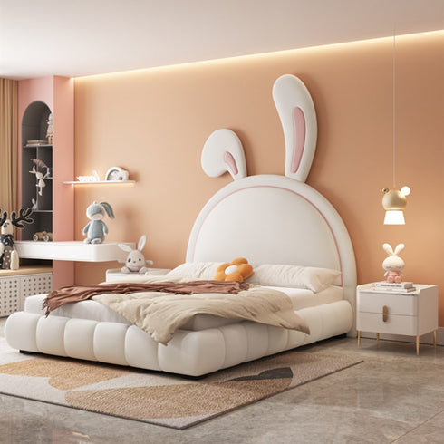 Nettie White Microfiber Leather Rabbit Shaped Bed Frame
