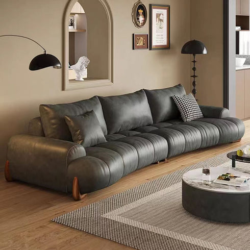 Patty Calf Leather Loveseat Sofa Puff Curved Couch