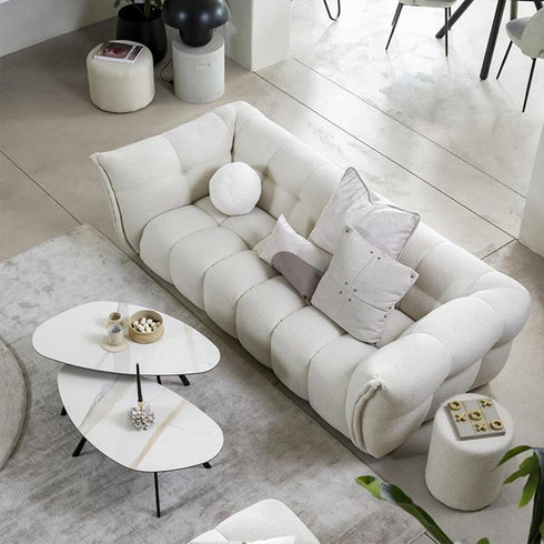 Rafer Boucle Fabric White 3 Seater Sofa Petal Shaped Couch