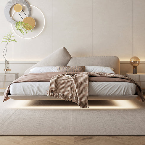 Melisa Shaped Headboard Modern Floating Suede Fabric Bed Frame