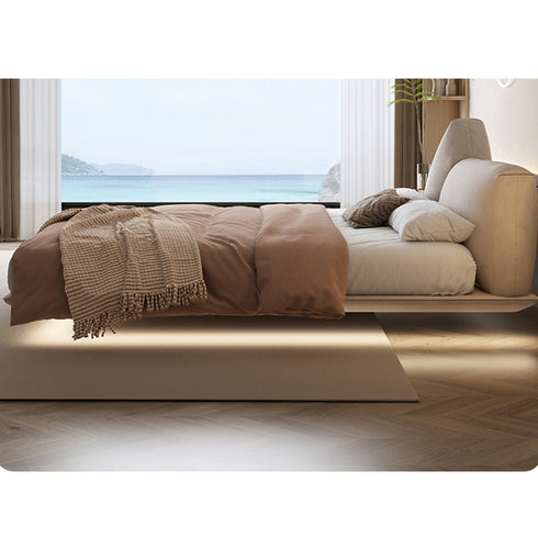 Melisa Shaped Headboard Modern Floating Suede Fabric Bed Frame