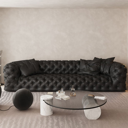 Simone Black Calf Leather 4 Seater Sofa Buckle Surface Couch