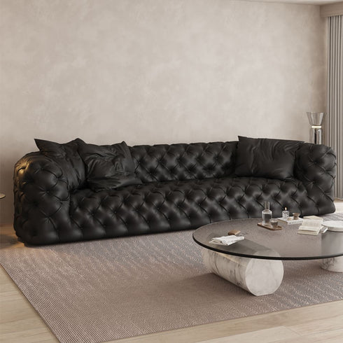 Simone Black Calf Leather 4 Seater Sofa Buckle Surface Couch