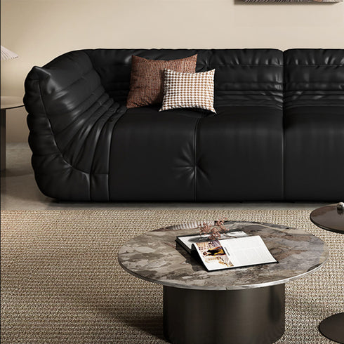 Tatami Black Calf Leather 3 Seater Sofa Pleated Shaped Armrest Couch