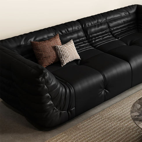 Tatami Black Calf Leather 3 Seater Sofa Pleated Shaped Armrest Couch