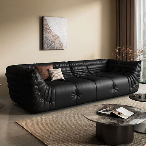 Tatami Black Calf Leather 3 Seater Sofa Pleated Shaped Armrest Couch