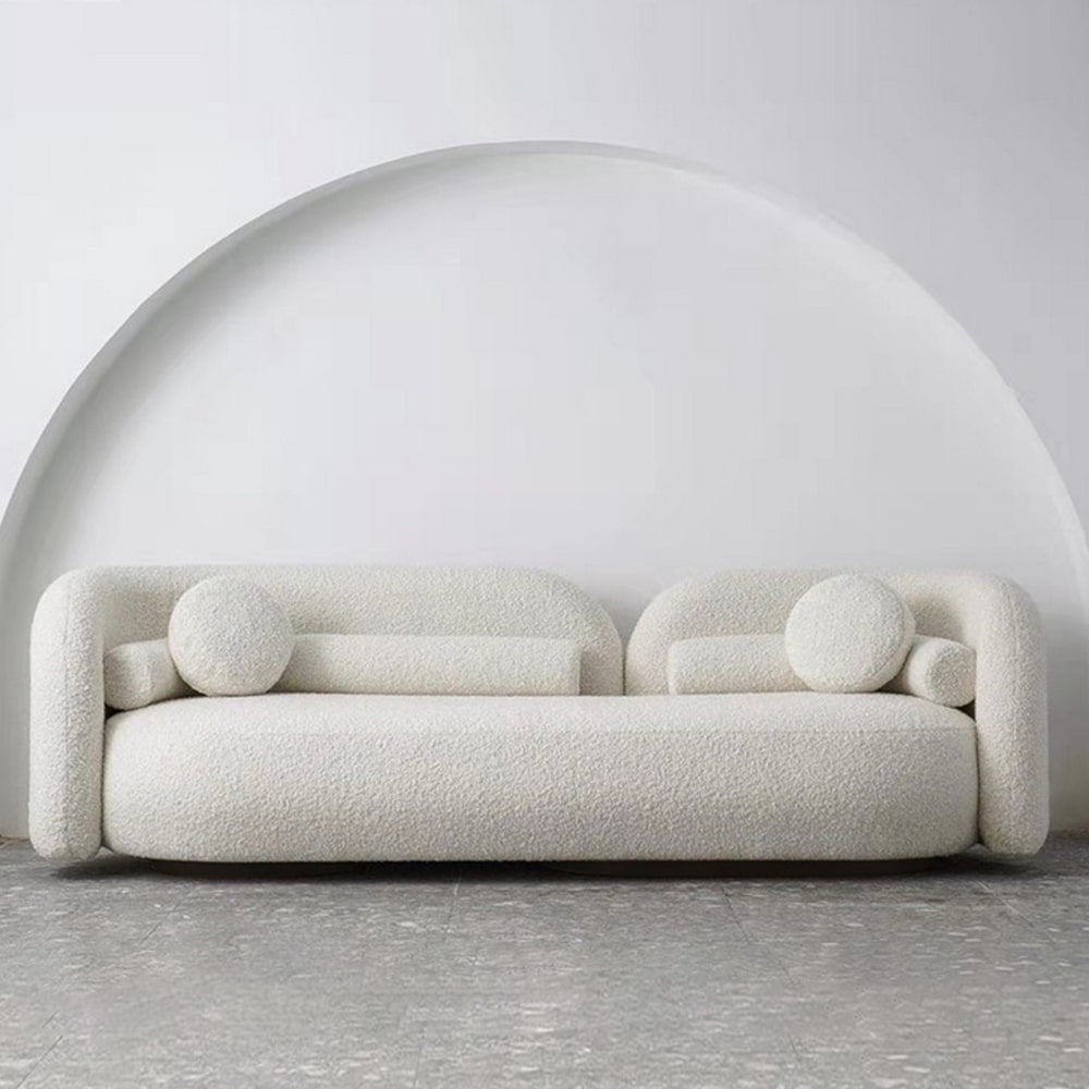 Joyce White Boucle Round Shaped 3 Seater Sofa Upholstery Arm